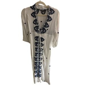 CEM Turkish Women's White Gauze Midi Dress Navy Embroidery Sz Small (Runs Small)
